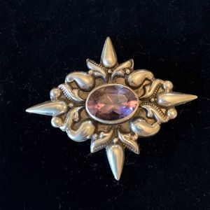 Deco Style Amethyst and Silver pin Brooch